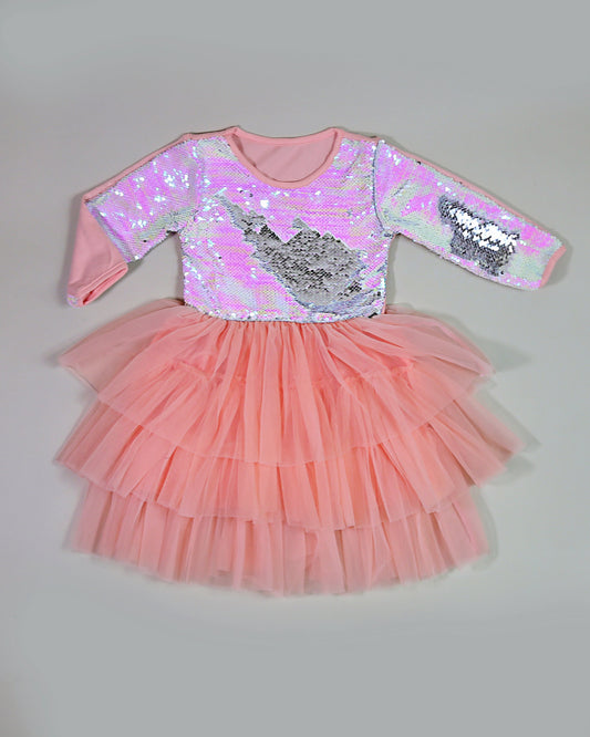 3/4 Sleeve Sequin Tutu Dress in Peach and White