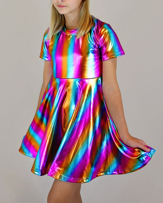 Metallic Rainbow Striped Dress - Metallic Twirly Dress - Twirly Dress - Birthday Dress - Party Dress - Rainbow Dress