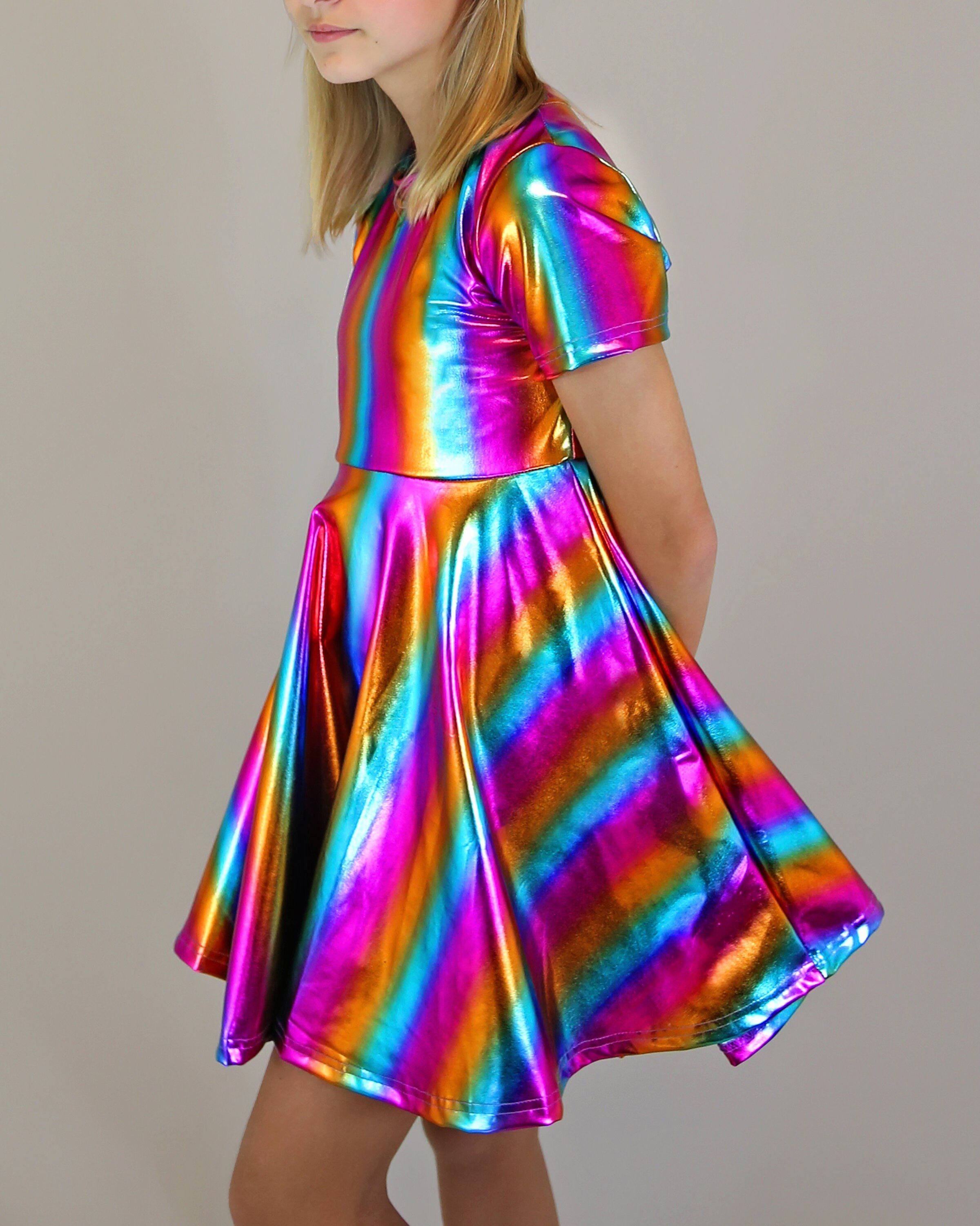 Metallic Rainbow Striped Dress - Metallic Twirly Dress - Twirly Dress Metallic Rainbow Striped Dress - Metallic Twirly Dress - Twirly Dress