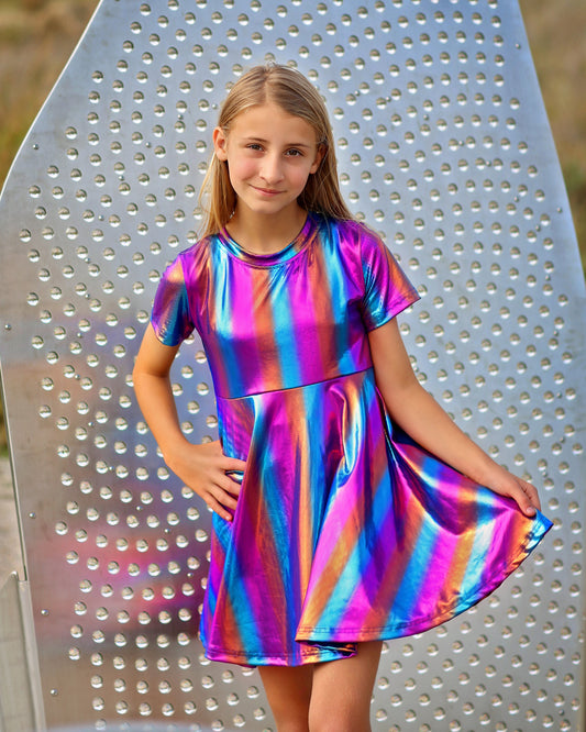 Metallic Rainbow Striped Dress - Metallic Twirly Dress, Purple Dress, Birthday Dress - Party Dress, Gift for Girl Birthday, Metallic Dress
