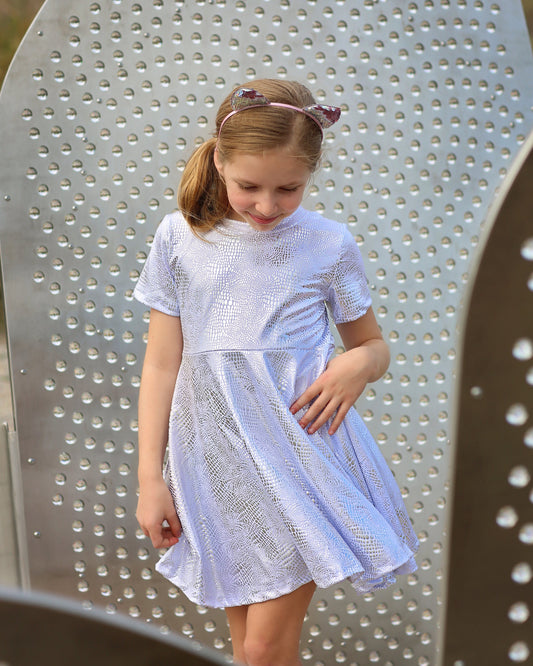 Metallic White and Silver Snake Skin Dress, Metallic Twirly Dress- Twirly Dress- Birthday Dress, Party Dress- White and Silver Dress, dance