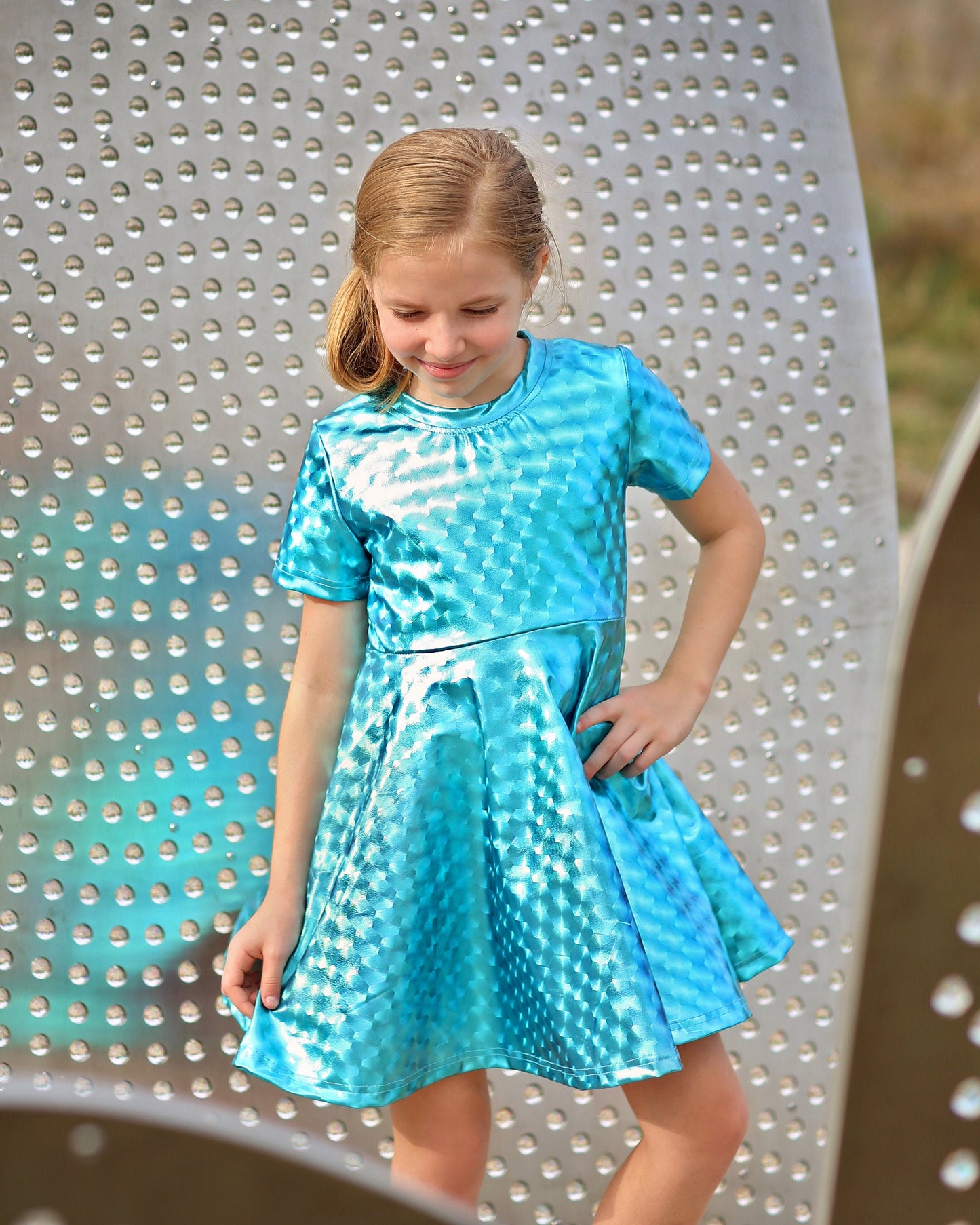 Metallic Holographic Aqua Dress - Metallic Twirly Dress - Twirly Dress - Birthday Dress - Party Dress - Aqua Metal Dress