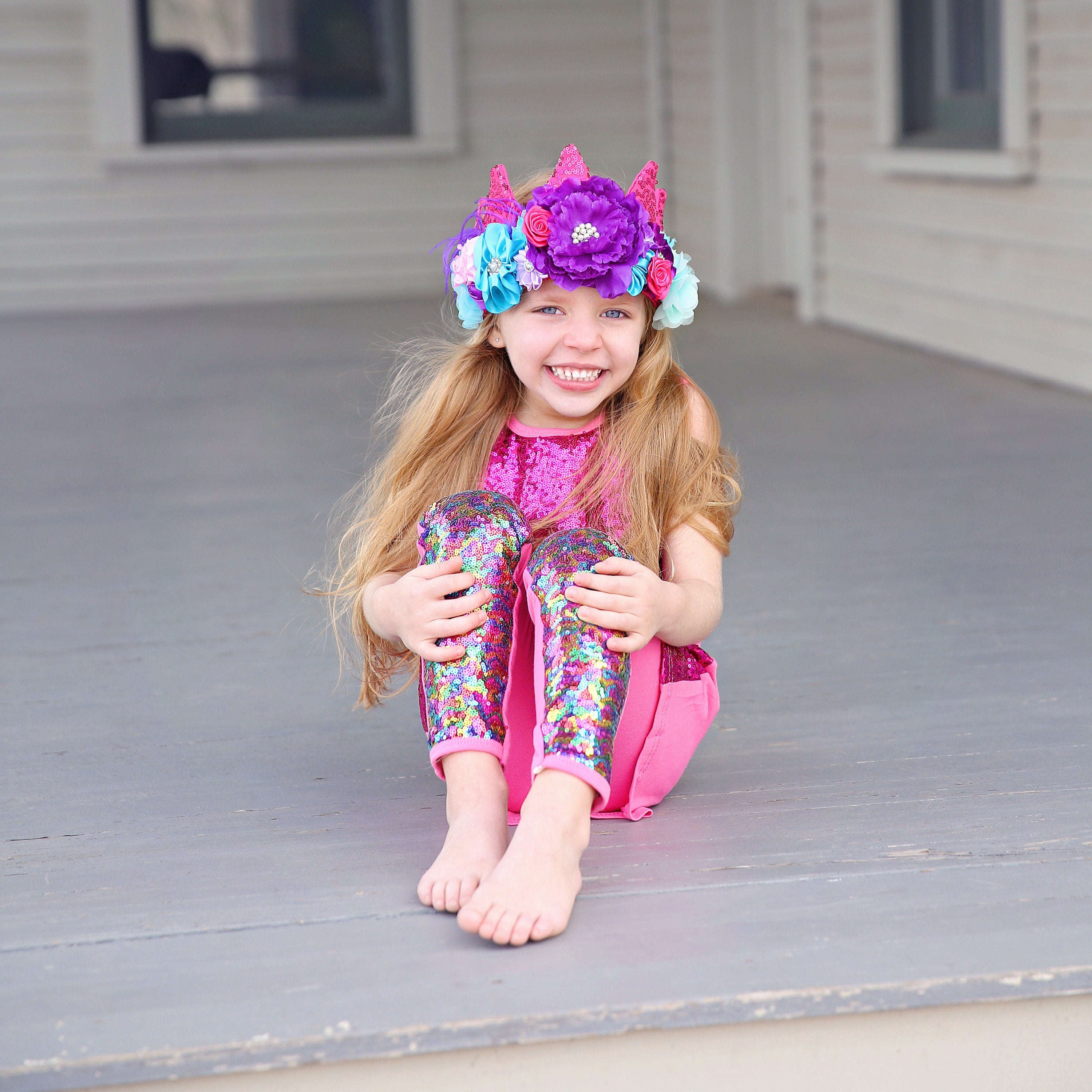 Flower Rainbow Dress Up Crown - Birthday Crown - Flower Birthday Crown -Hot Pink, Purple, Aqua Sequin Flower Crown - Fits all - Flower Crown