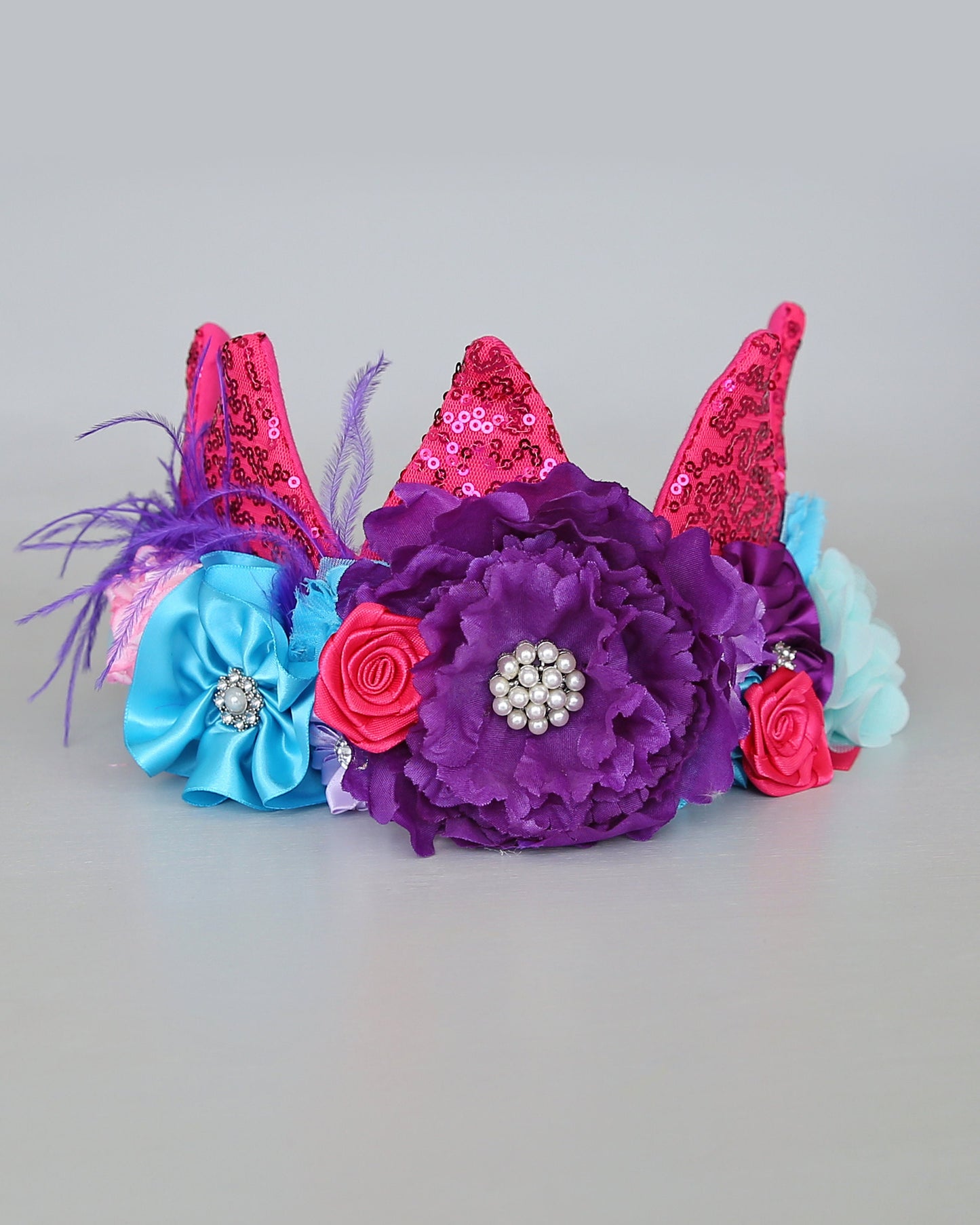 Flower Rainbow Dress Up Crown - Birthday Crown - Flower Birthday Crown -Hot Pink, Purple, Aqua Sequin Flower Crown - Fits all - Flower Crown