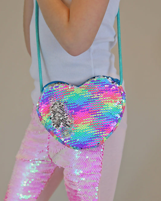 Neon Rainbow Heart Sequin Purse - Flip Sequin Heart Bag - Girls Heart Purse - Rainbow and Silver Holographic Flip Heart Bag