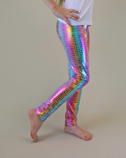 Metallic Leggings in Rainbow Dino Scales