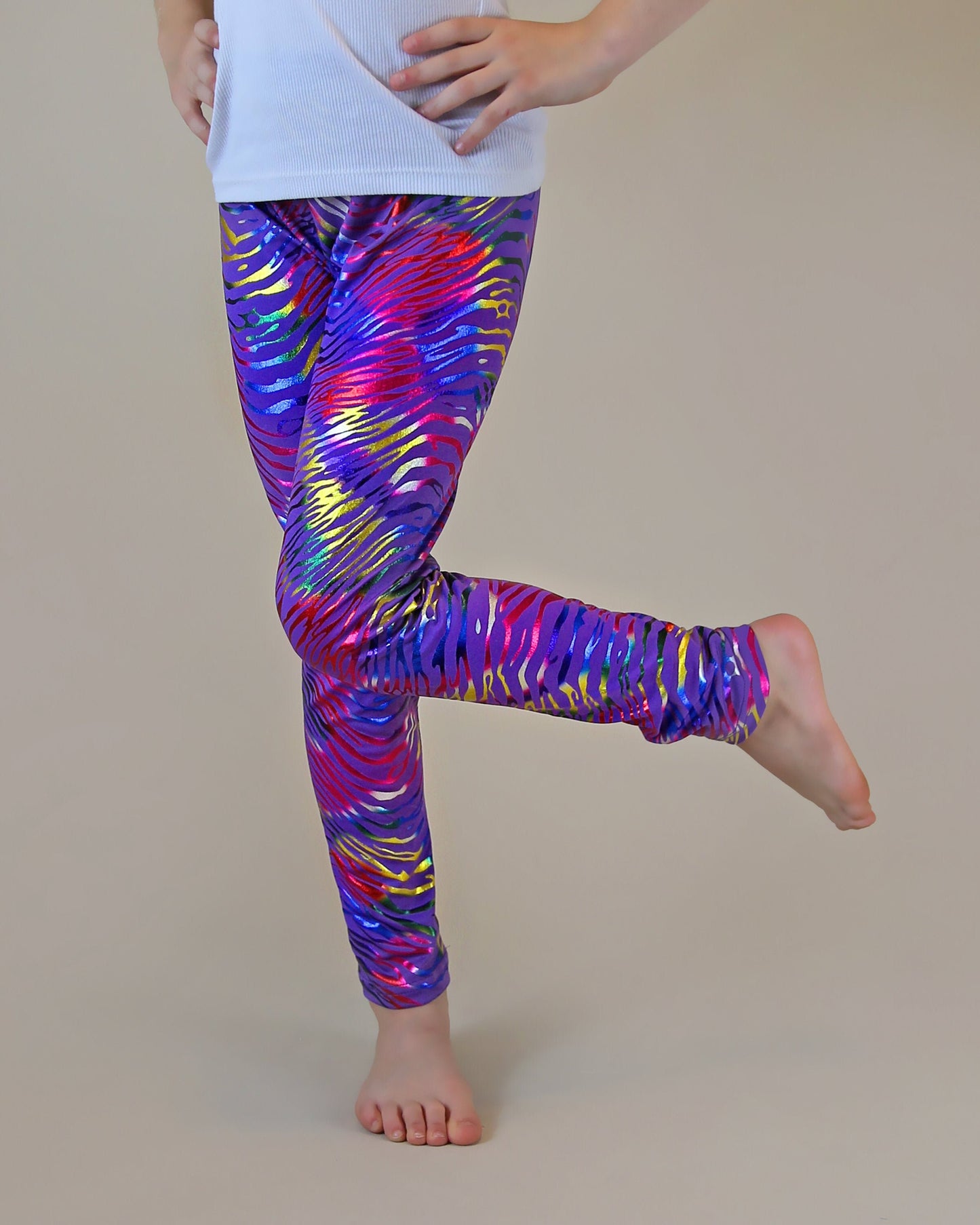 Metallic Leggings in Purple Rainbow Zebra