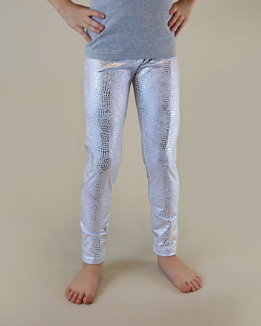 Metallic Leggings in White Snake