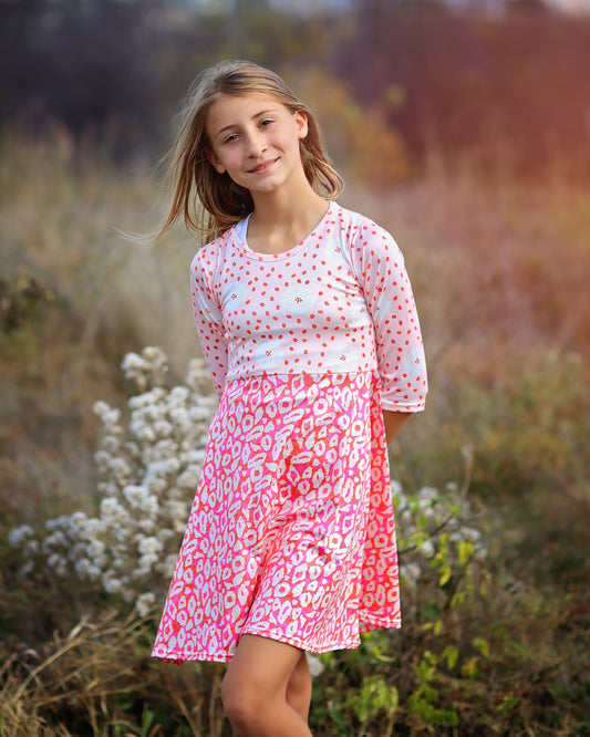 A-Line Dress - Girls Dress - Twirly Dress - Birthday Dress - Party Dress - Pink and Coral Animal Print Floral Dress