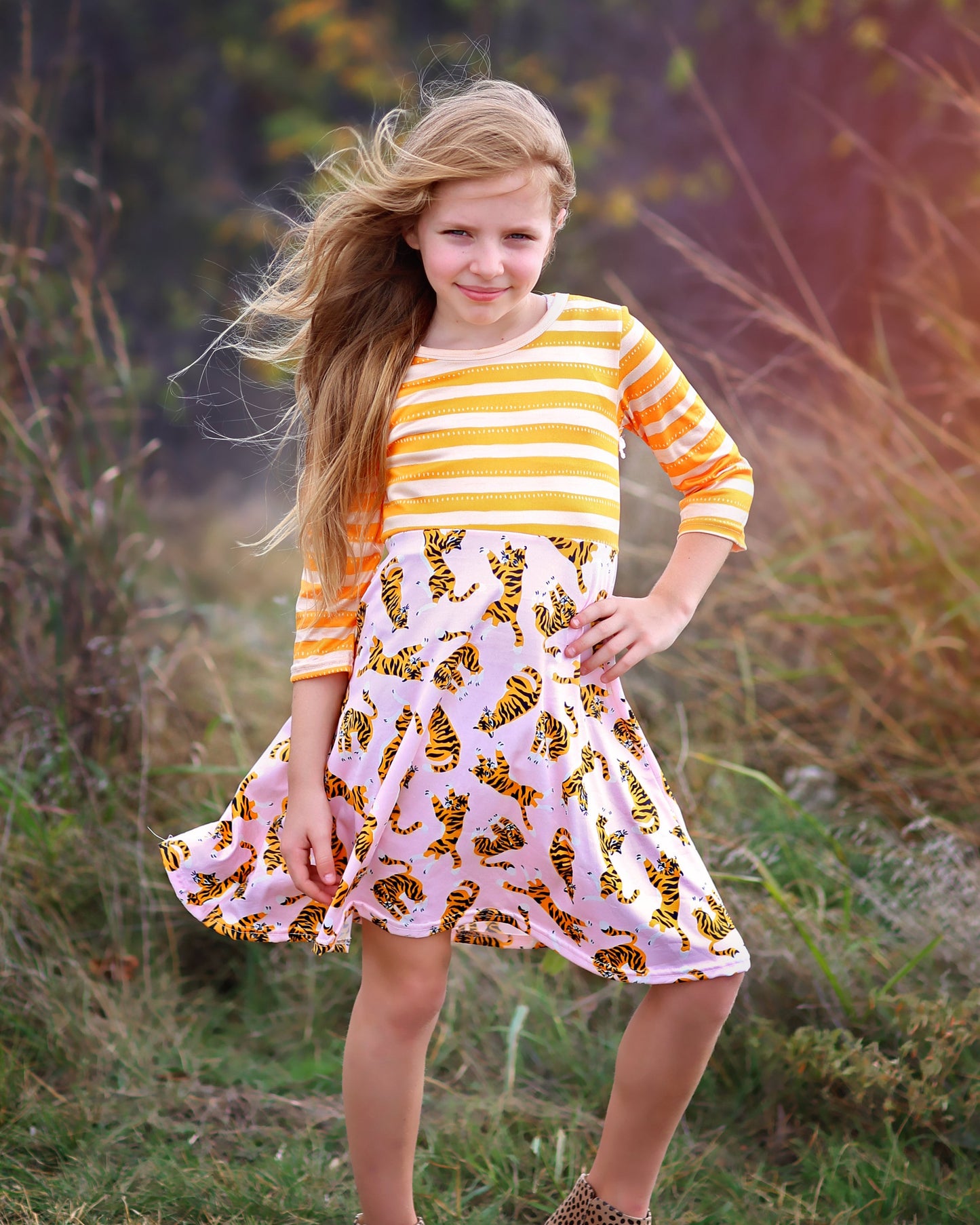 A-Line Dress - Girls Dress - Twirly Dress - Birthday Dress - Party Dress - Pink and Orange Tiger Dress