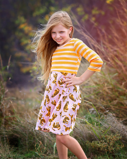 A-Line Dress - Girls Dress - Twirly Dress - Birthday Dress - Party Dress - Pink and Orange Tiger Dress