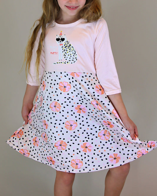 A-Line Dress - Girls Dress - Twirly Dress - Birthday Dress - Party Dress - Pink and Yellow Kitten Floral Dress