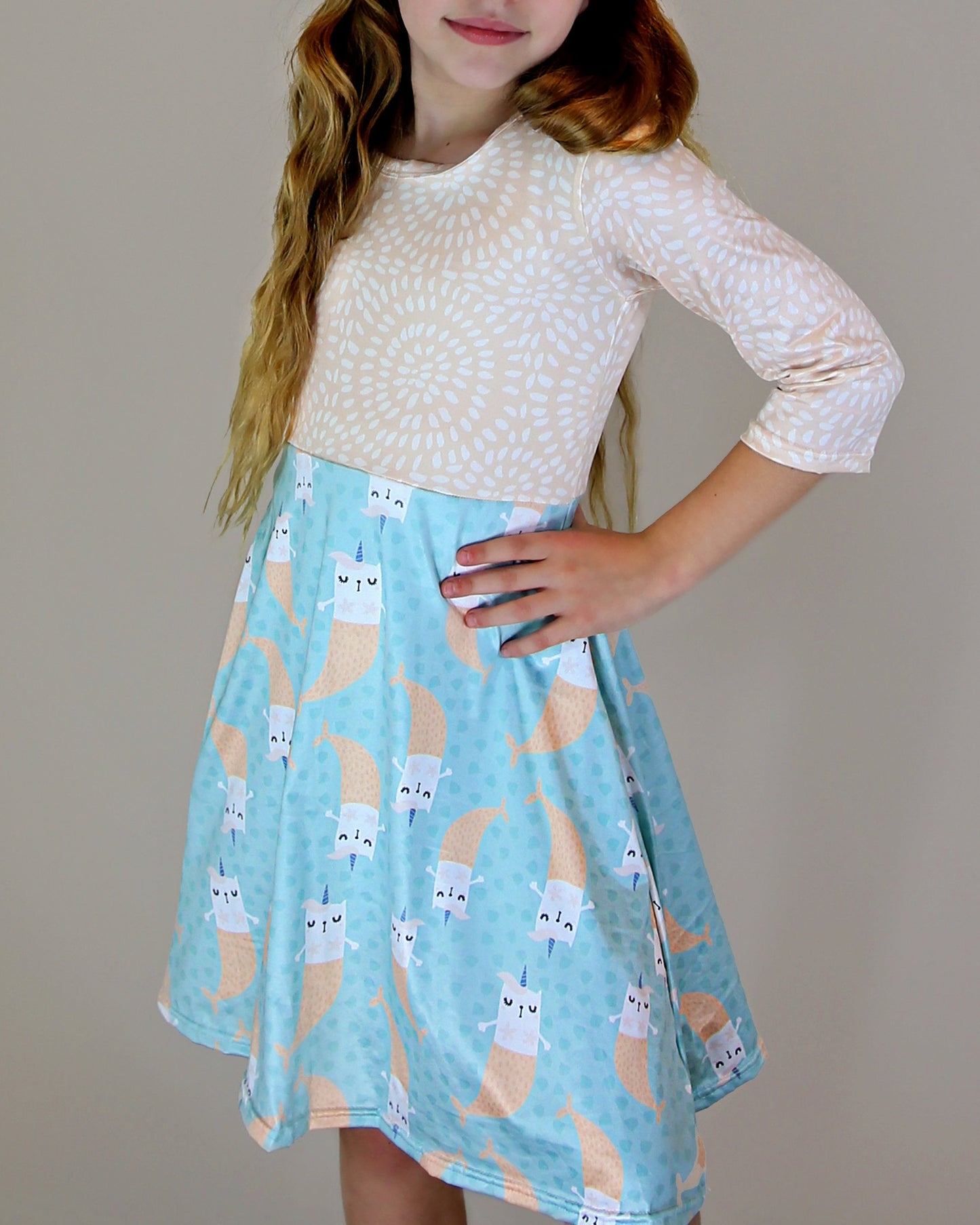 A-Line Dress - Girls Dress - Twirly Dress - Birthday Dress - Party Dress - Aqua and Peach Kitten Mermaid Dress