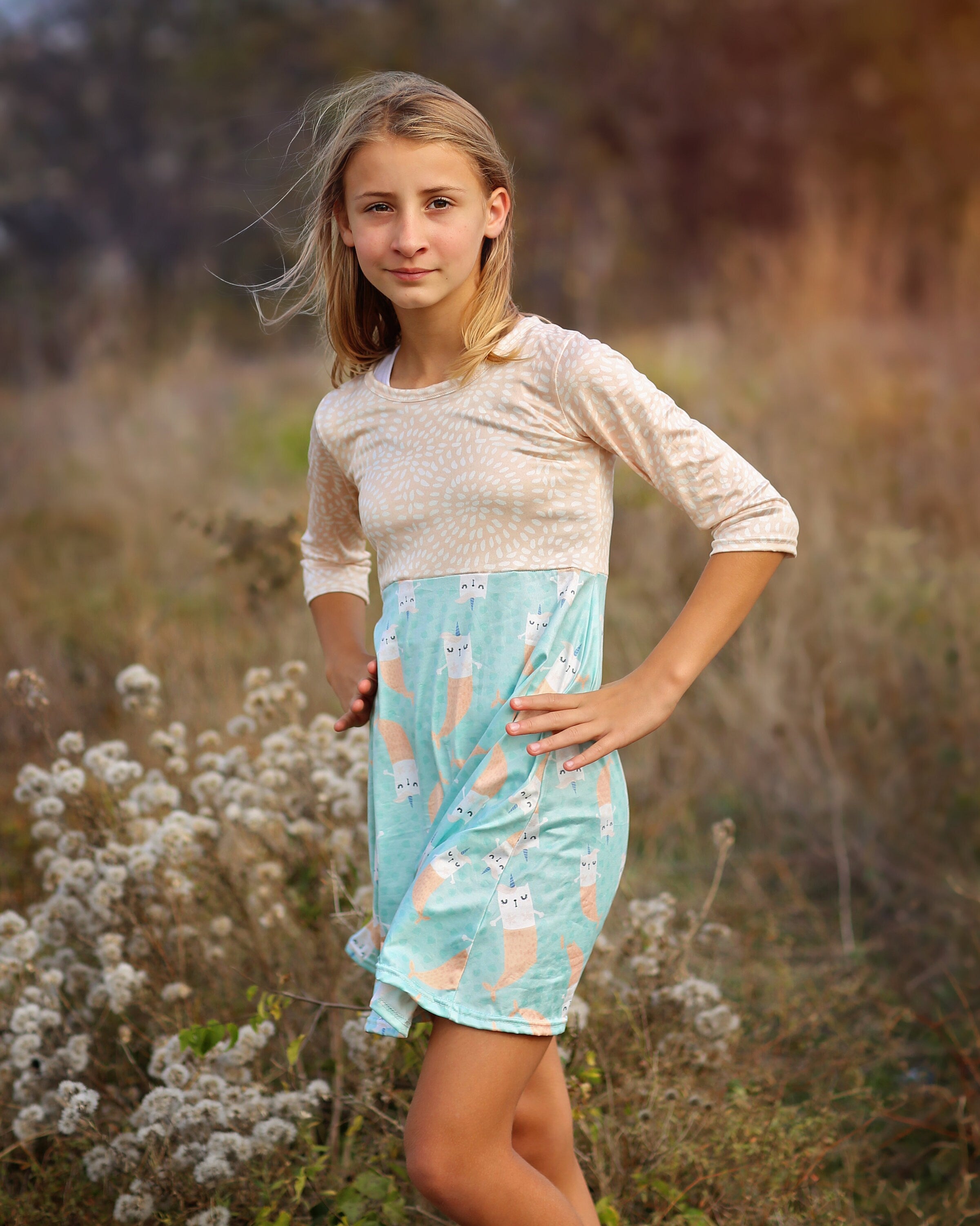 A-Line Dress - Girls Dress - Twirly Dress - Birthday Dress - Party Dress - Aqua and Peach Kitten Mermaid Dress