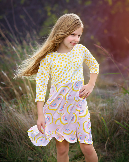 A-Line Dress - Girls Dress - Twirly Dress - Birthday Dress - Party Dress - Pink Yellow Rainbow Dress