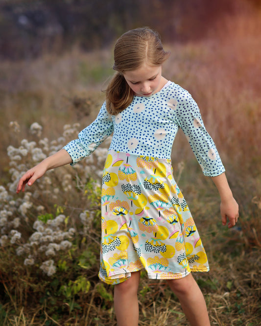 A-Line Dress - Girls Dress - Twirly Dress - Birthday Dress - Party Dress - Aqua and Yellow Floral Dress