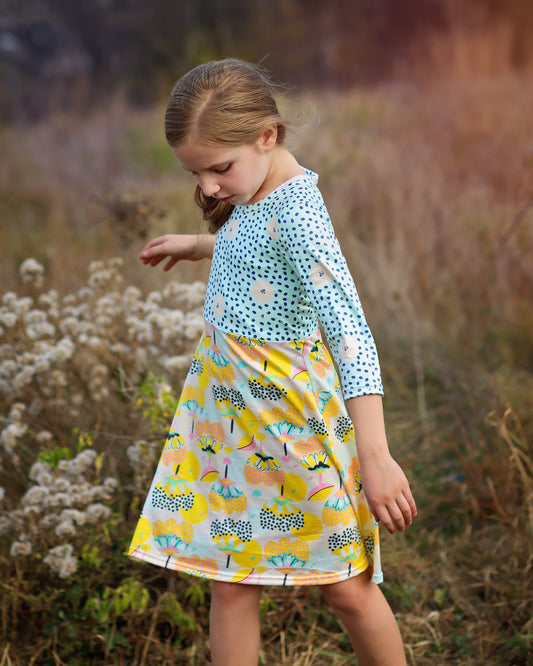 A-Line Dress - Girls Dress - Twirly Dress - Birthday Dress - Party Dress - Aqua and Yellow Floral Dress