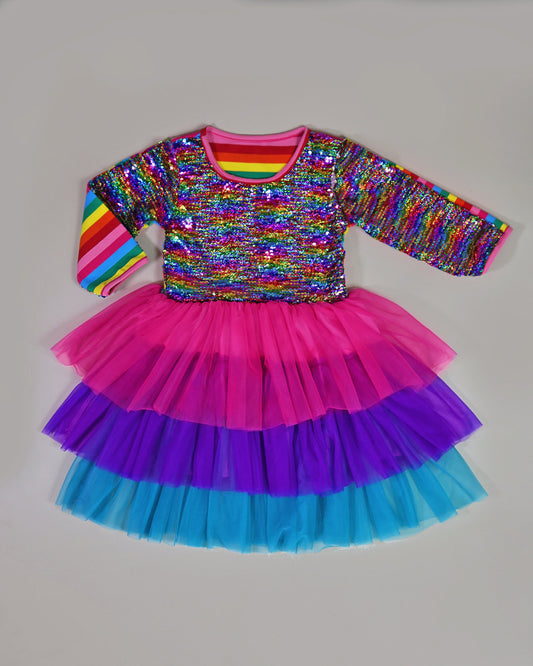 3/4 Sleeve Sequin Tutu Dress in Rainbow