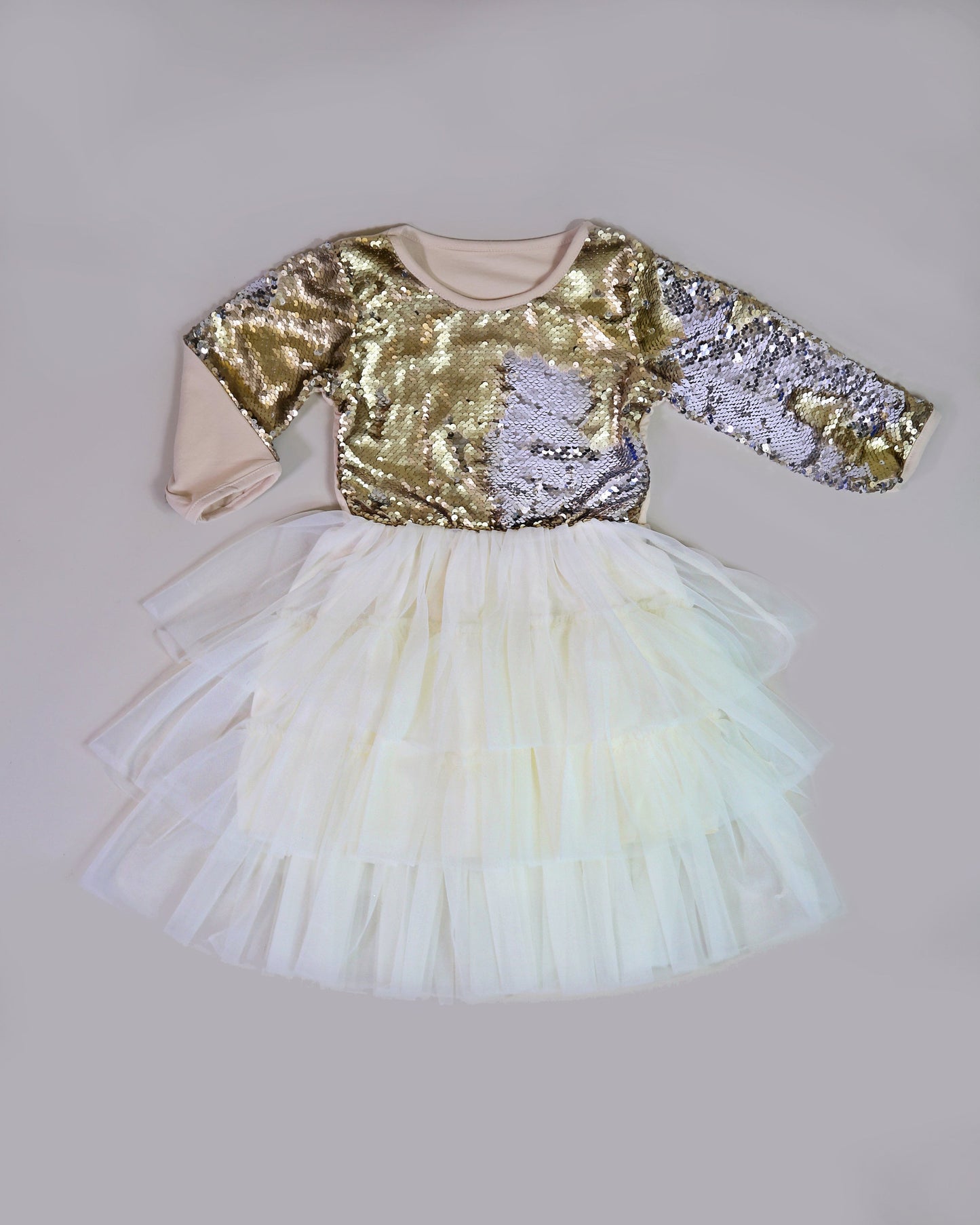 3/4 Sleeve Sequin Tutu Dress in Cream and Gold