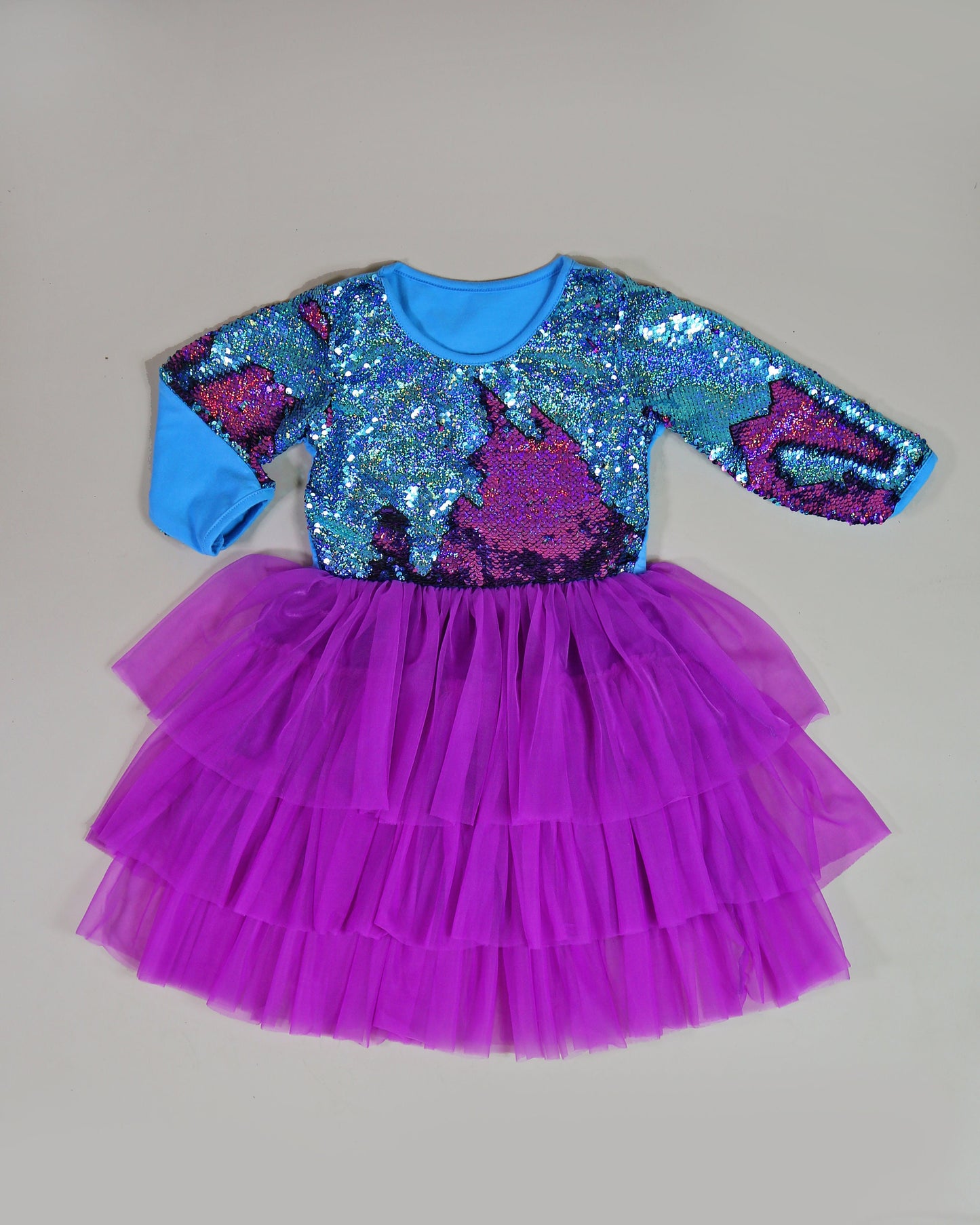 3/4 Sleeve Sequin Tutu Dress in Magenta and Turquoise