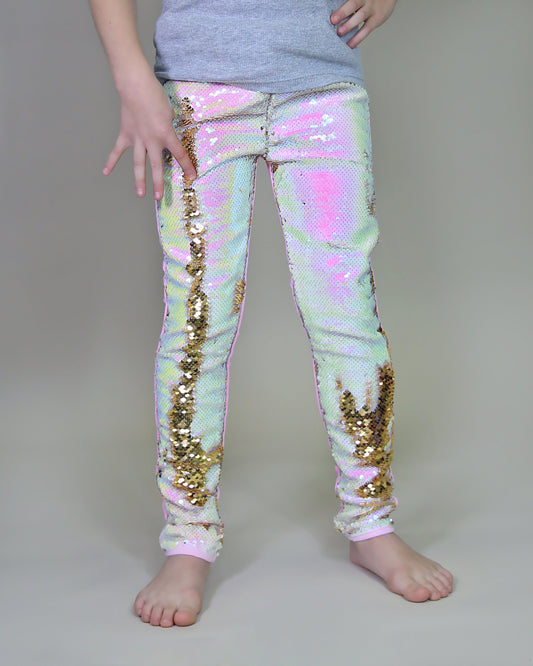 Flip Sequin Leggings in Gold and White