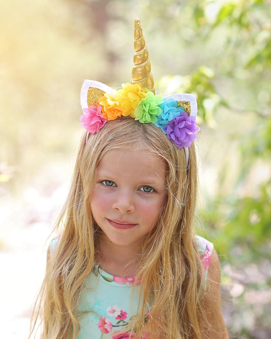 Unicorn Rainbow Flower Headband - Rainbow Unicorn Headband -  Unicorn Horn Floral Headband