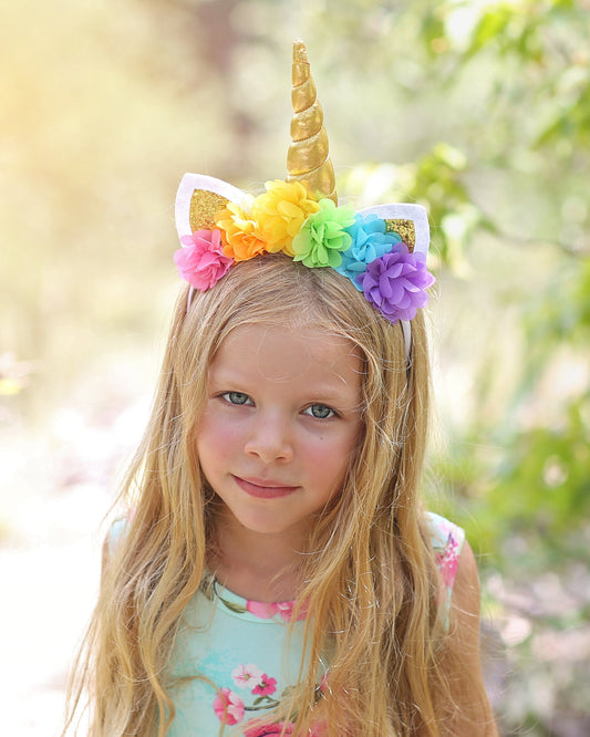Unicorn Rainbow Flower Headband - Rainbow Unicorn Headband - Unicorn Horn Floral Headband