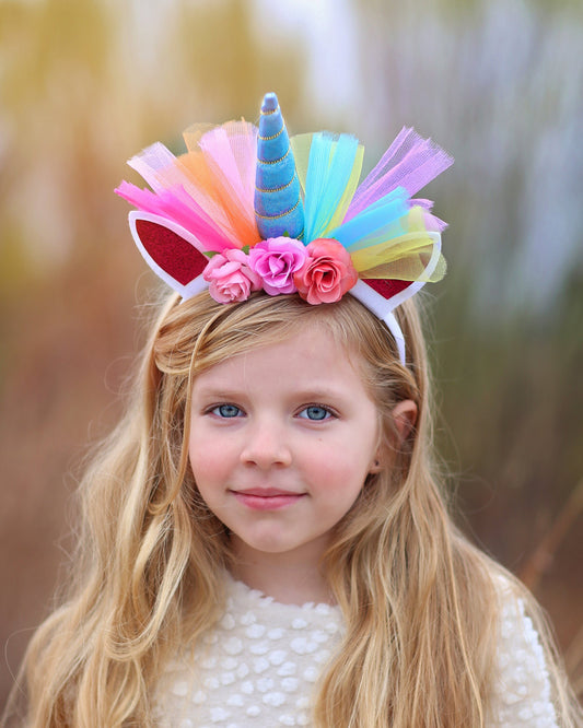 Unicorn Rainbow Tulle Flower Headband - Rainbow Unicorn Headband -  Unicorn Horn Floral Headband