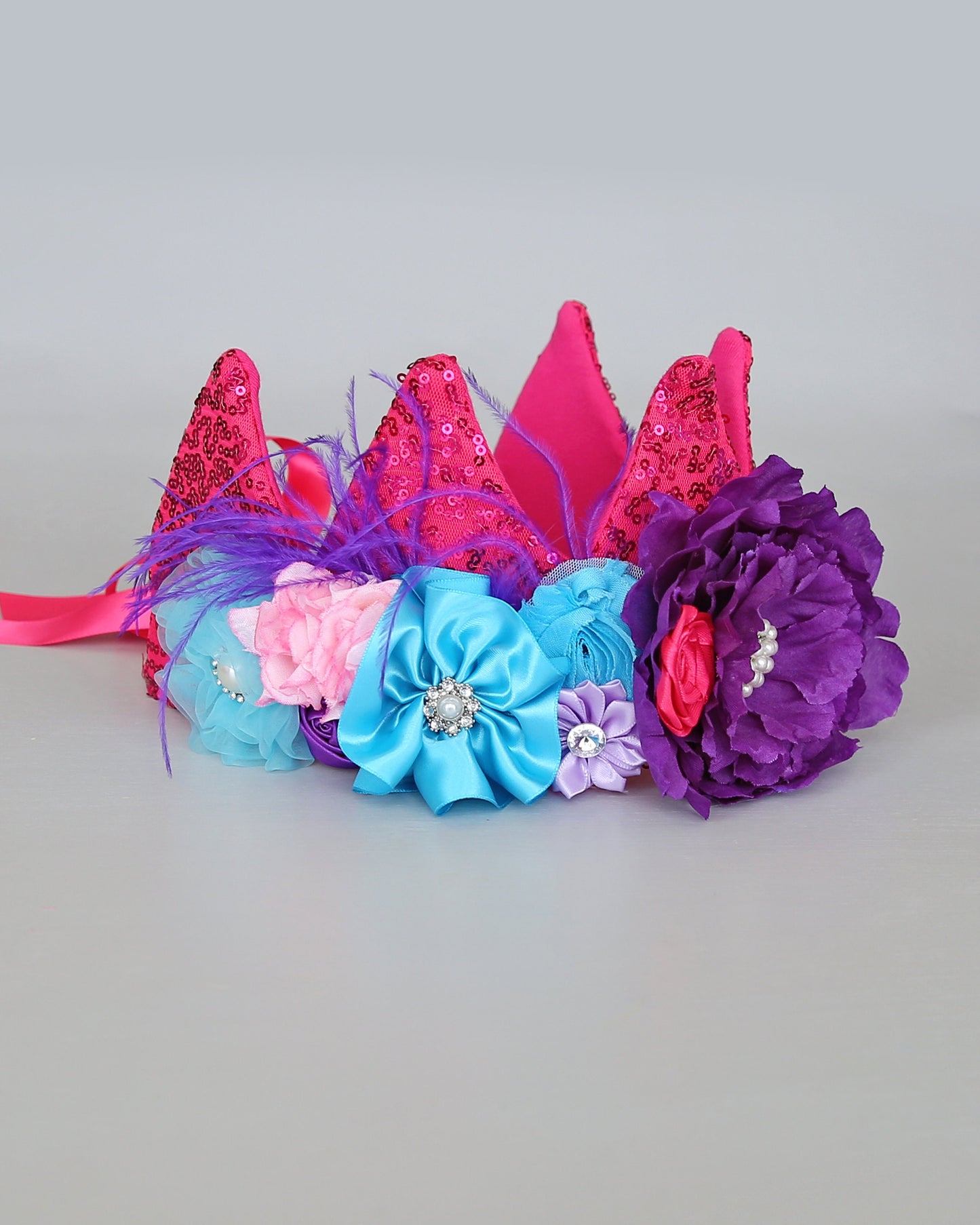 Flower Rainbow Dress Up Crown - Birthday Crown - Flower Birthday Crown -Hot Pink, Purple, Aqua Sequin Flower Crown - Fits all - Flower Crown