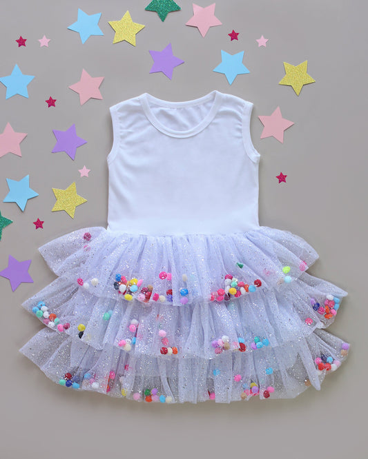 Pom Pom Tutu Dress in White