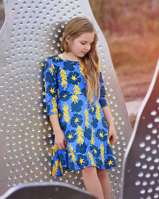 A-Line Dress - Girls Dress - Twirly Dress - Birthday Dress - Party Dress - Blue and Yellow Floral Dress