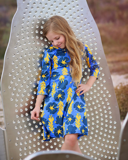 A-Line Dress - Girls Dress - Twirly Dress - Birthday Dress - Party Dress - Blue and Yellow Floral Dress