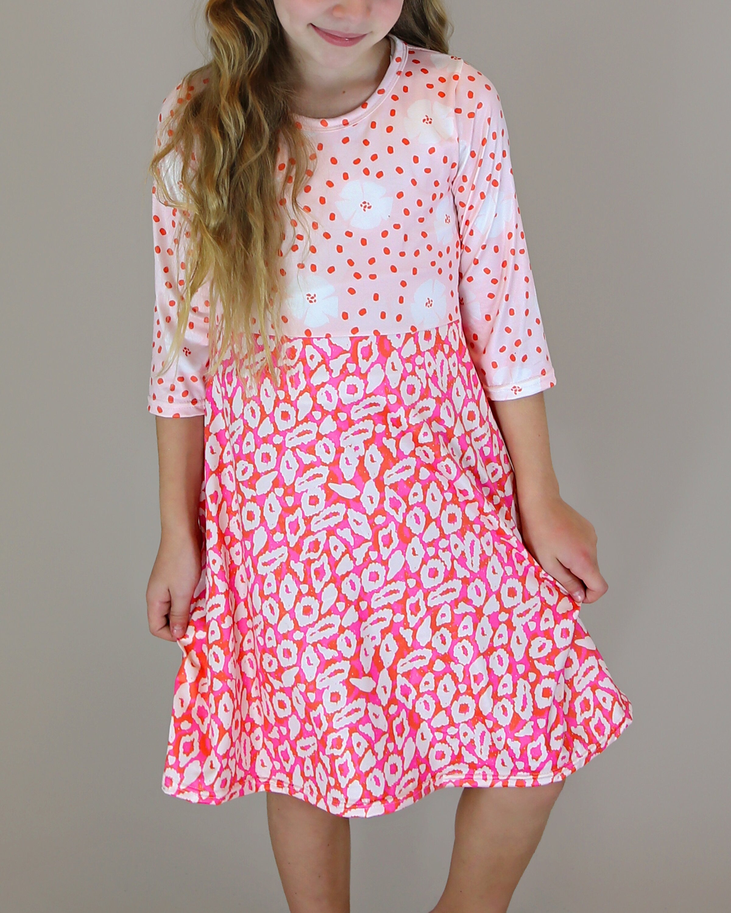 A-Line Dress - Girls Dress - Twirly Dress - Birthday Dress - Party Dress - Pink and Coral Animal Print Floral Dress