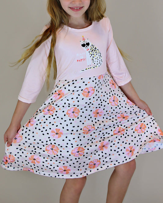 A-Line Dress - Girls Dress - Twirly Dress - Birthday Dress - Party Dress - Pink and Yellow Kitten Floral Dress