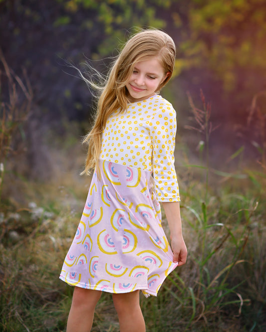 A-Line Dress - Girls Dress - Twirly Dress - Birthday Dress - Party Dress - Pink Yellow Rainbow Dress