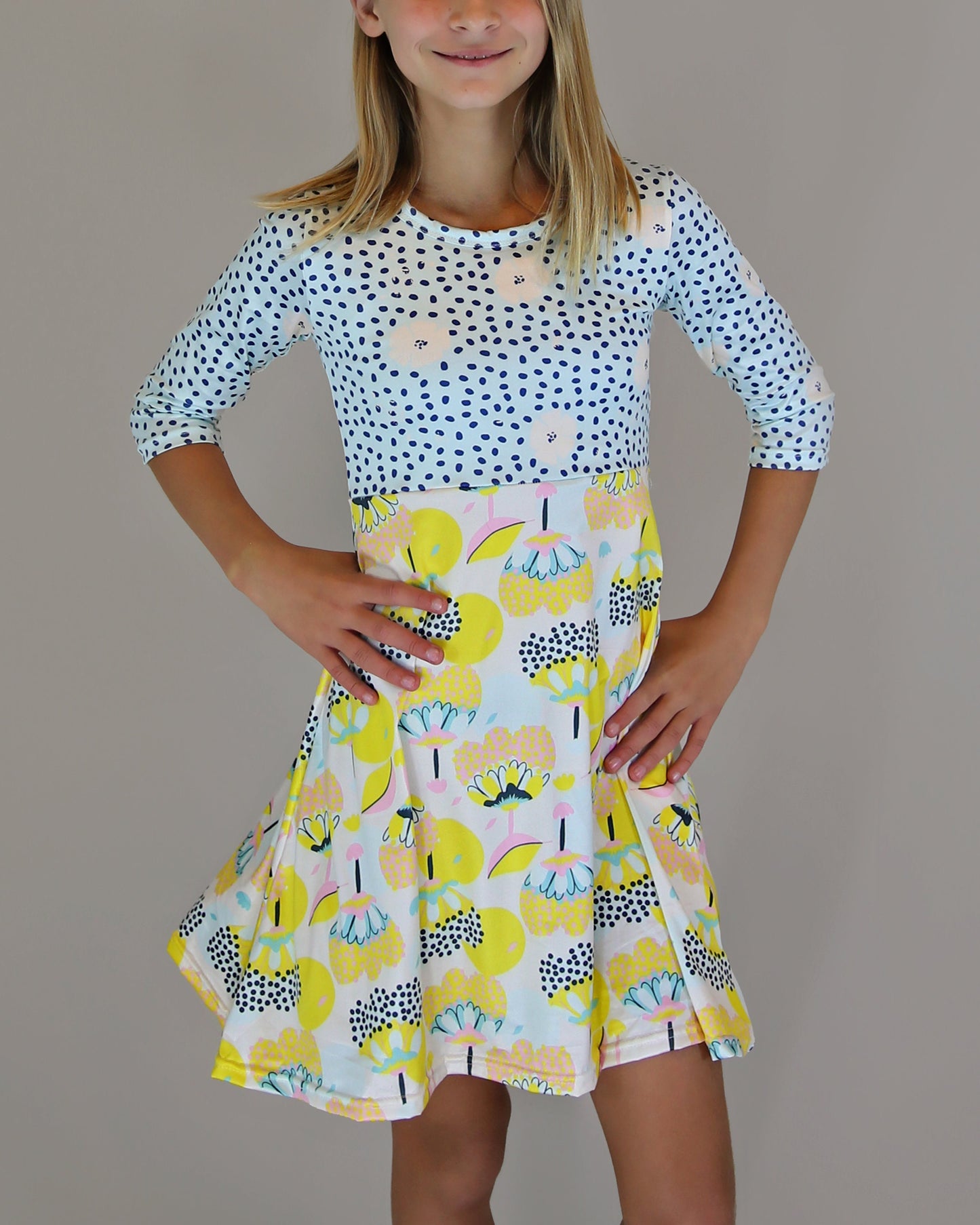 A-Line Dress - Girls Dress - Twirly Dress - Birthday Dress - Party Dress - Aqua and Yellow Floral Dress