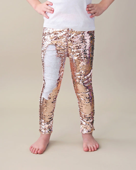 Flip Sequin Leggings in Rose Gold and White