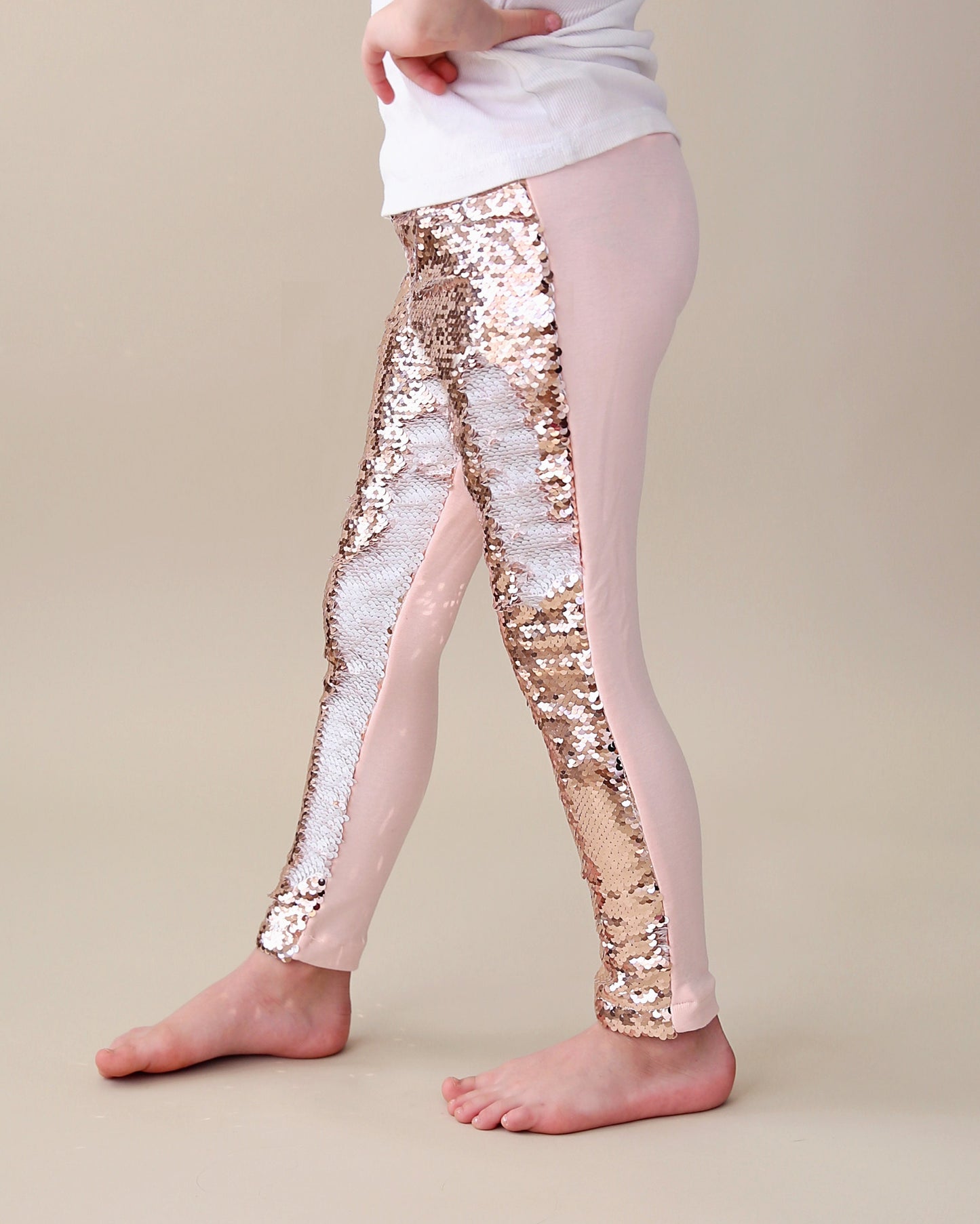 Flip Sequin Leggings in Rose Gold and White