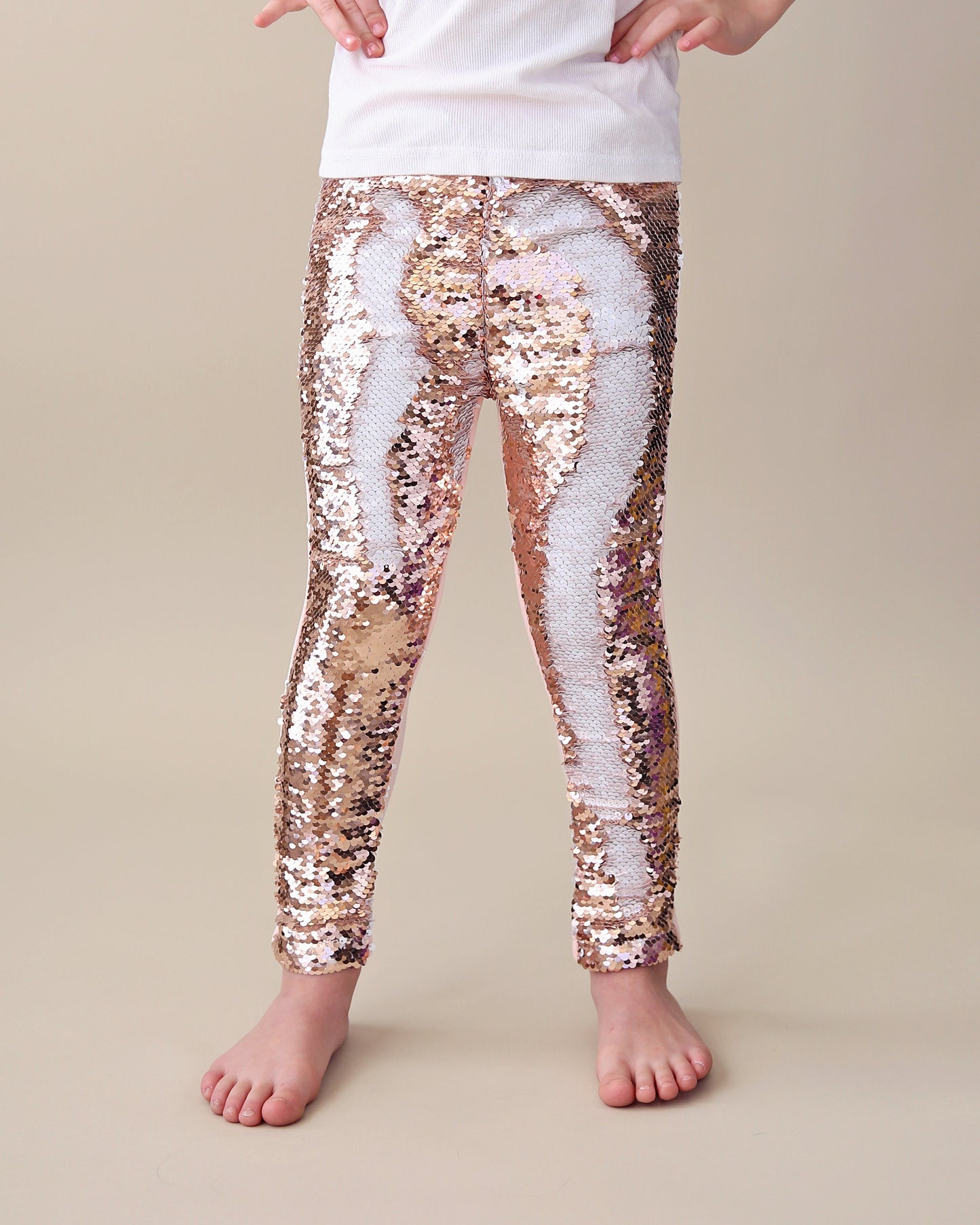 Flip Sequin Leggings in Rose Gold and White