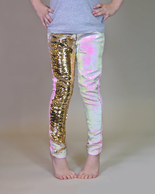 Flip Sequin Leggings in Gold and White