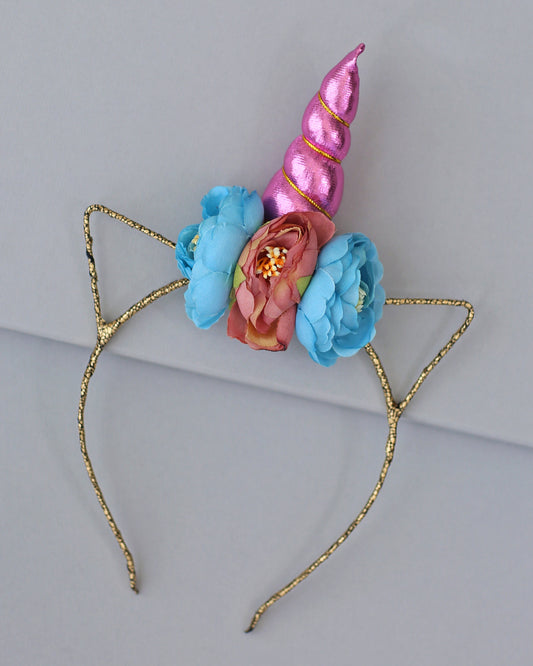 Unicorn Flower Headband - Pink and Blue Unicorn Headband - Unicorn Horn Floral Headband