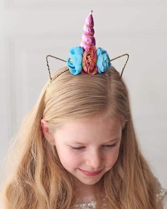 Unicorn Flower Headband - Pink and Blue Unicorn Headband -  Unicorn Horn Floral Headband