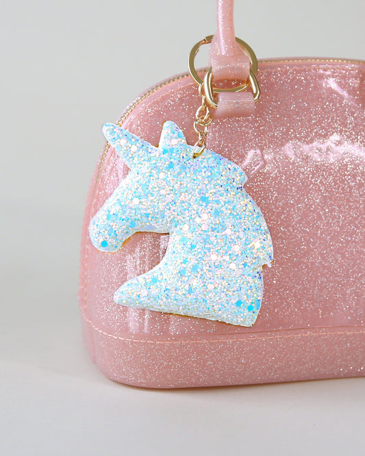 White Shimmer Unicorn Head Keychain - Glitter Keychain -  Ice Blue Glitter Keychain - Unicorn Head Keychain