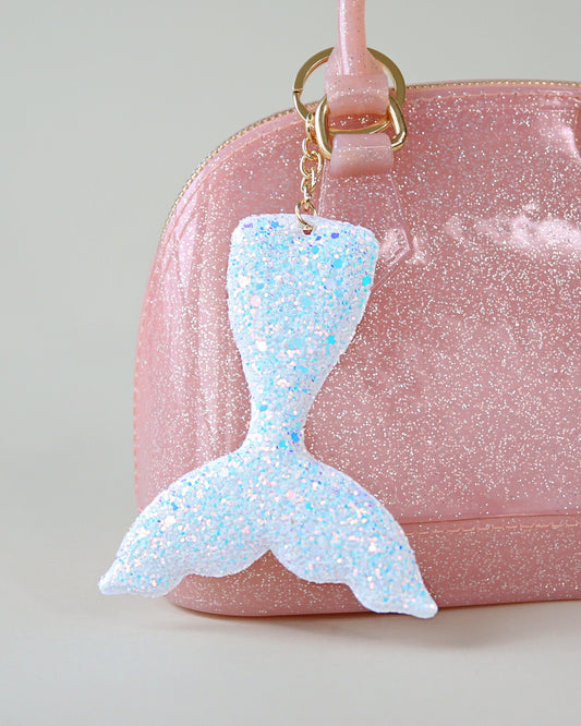 White Shimmer Mermaid Tail Keychain - Glitter Keychain -  Ice Blue Glitter Keychain - Mermaid Keychain