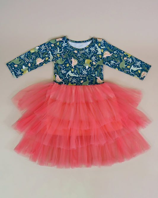 3/4 Sleeve Tutu Dress in Coral and Green Dinos