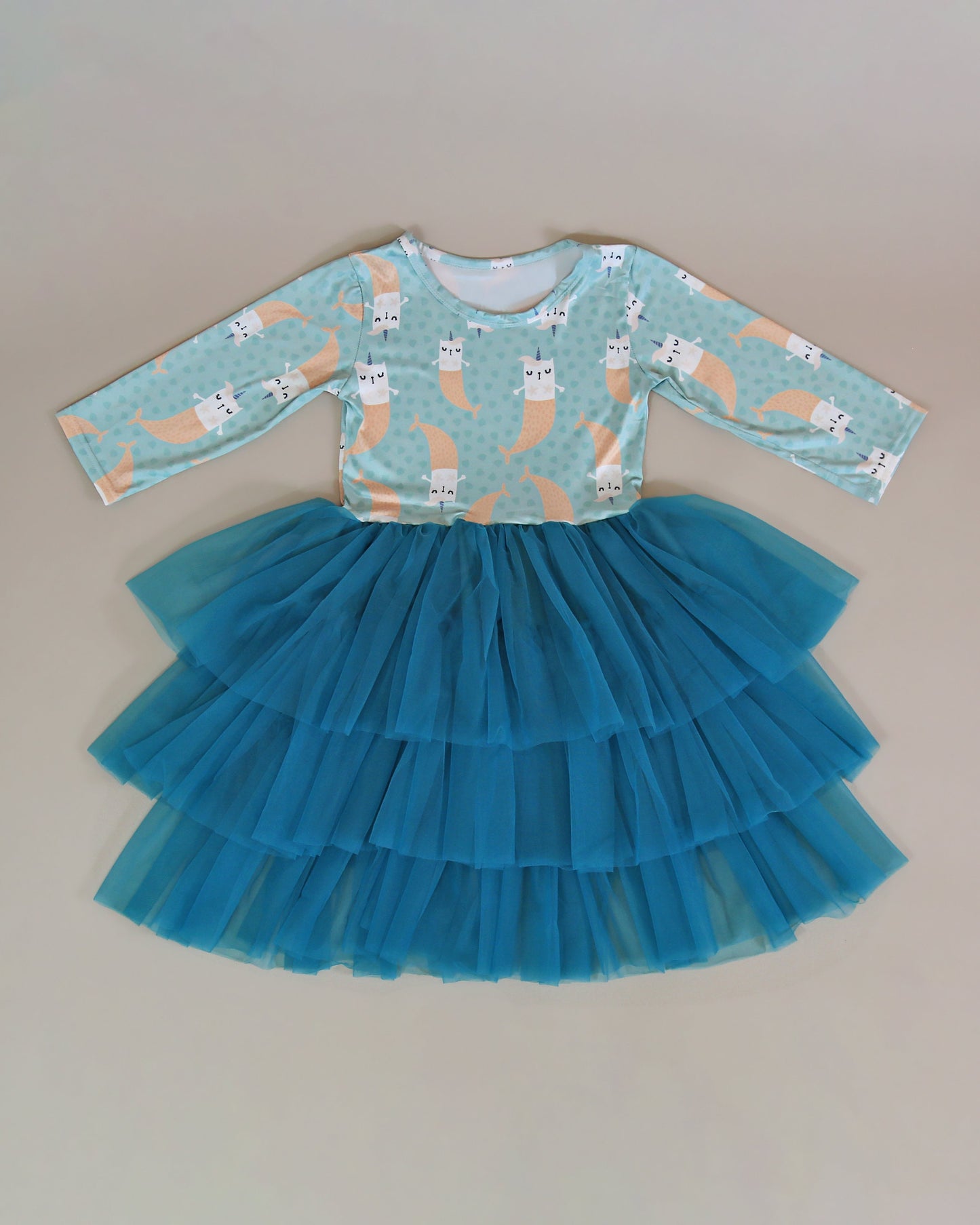 3/4 Sleeve Tutu Dress in Teal Mermaid Kittens