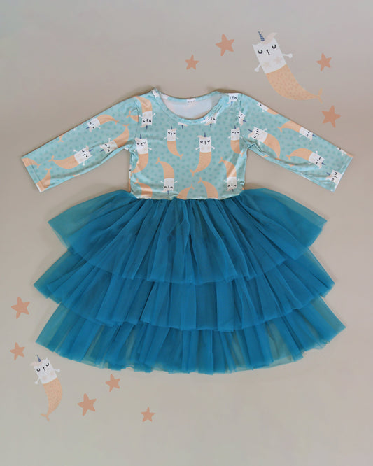 3/4 Sleeve Tutu Dress in Teal Mermaid Kittens