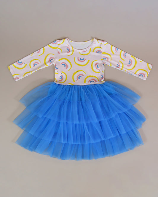 3/4 Sleeve Tutu Dress in Blue and Yellow Rainbows