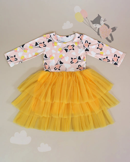 3/4 Sleeve Tutu Dress in Yellow Balloon Kittens
