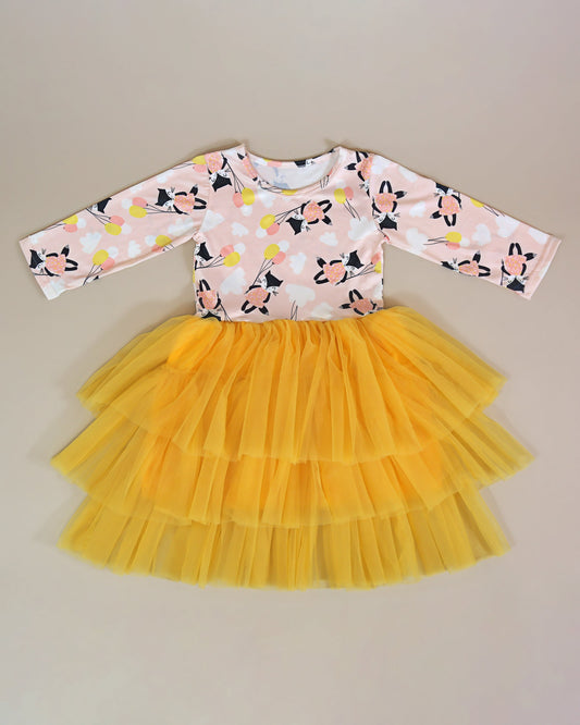 3/4 Sleeve Tutu Dress in Yellow Balloon Kittens